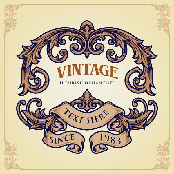 Badge Vintage Flourish Label Ornaments Vector Illustrations Your Work Logo — стоковый вектор