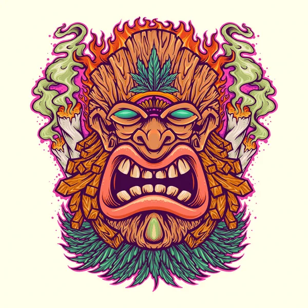 Angry Tiki Leaf Weed Mascot Cannabis Smoke Vector Illustrations Your — Vetor de Stock