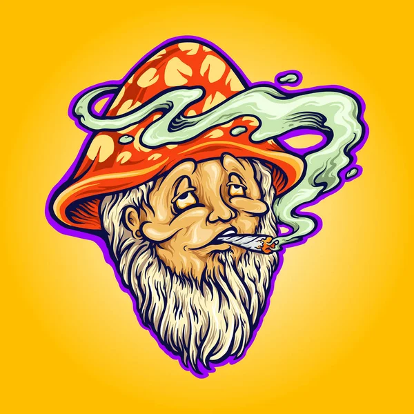 Mushrooms Witch Hat Fungus Smoking Vector Illustrations Your Work Logo — Stok Vektör