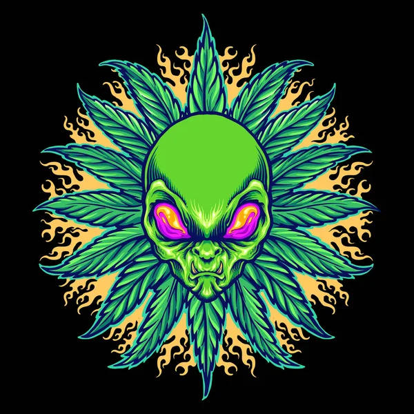 Weed Alien Cannabis Mandala Fire Vector Illustrations Your Work Logo —  Vetores de Stock