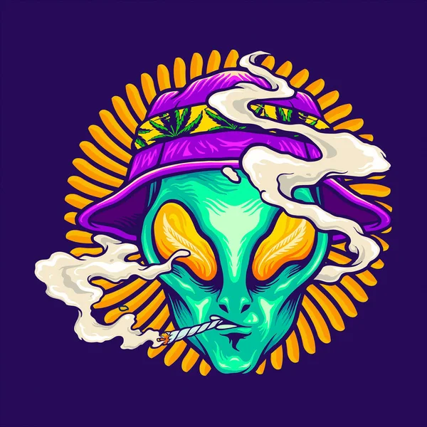Alien Smoking Summer Holiday Vector Illustrations Your Work Logo Mascot — Stockový vektor