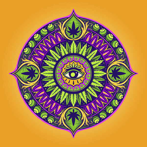 Cannabis Leaf Mandala Psychedelic Vector illustrations for your work Logo, mascot merchandise t-shirt, stickers and Label designs, poster, greeting cards advertising business company or brands.