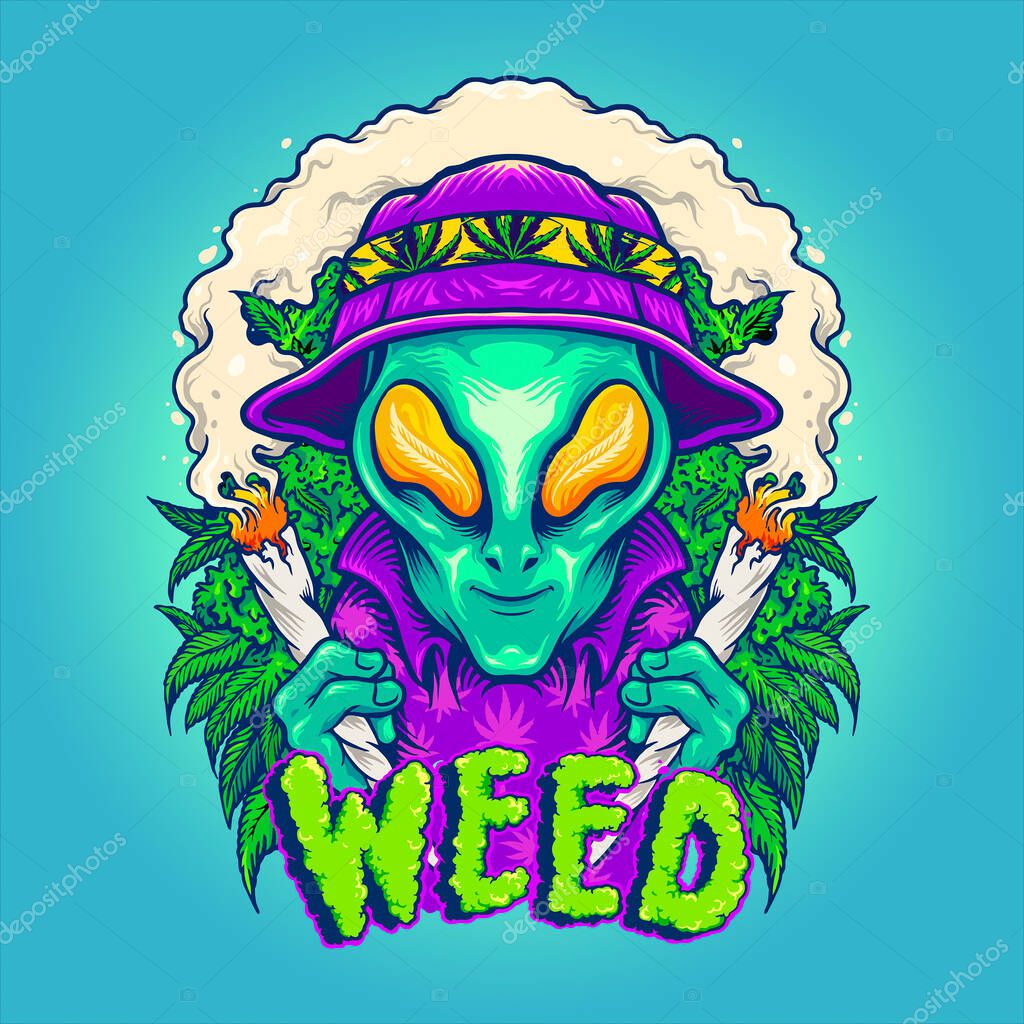 Alien Smoking Summer Cannabis Plants Vector illustrations for your work Logo, mascot merchandise t-shirt, stickers and Label designs, poster, greeting cards advertising business company or brands.
