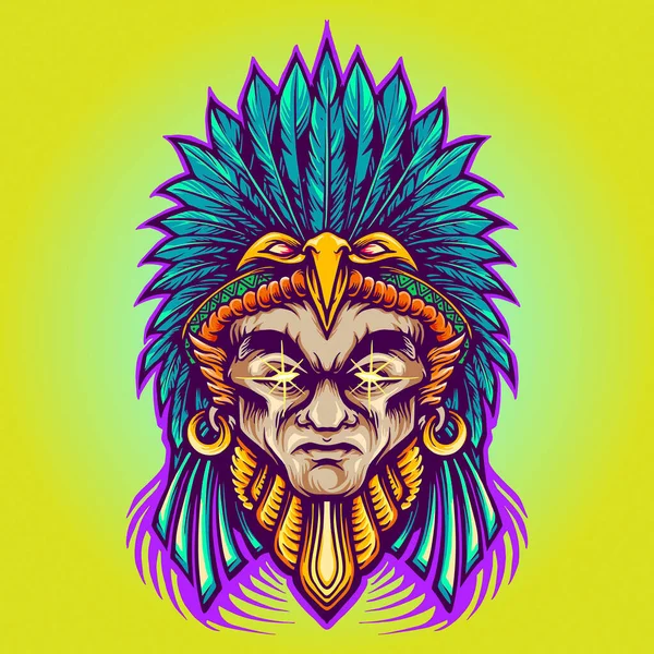 Azteca Indian American Warrior Ilustraciones Vectoriales Para Trabajo Logotipo Mascota — Vector de stock