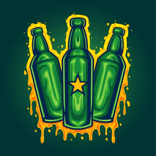 Tres Ilustraciones Cerveza Botella Ilustraciones Vectoriales Para Trabajo Logotipo Camiseta — Vector de stock