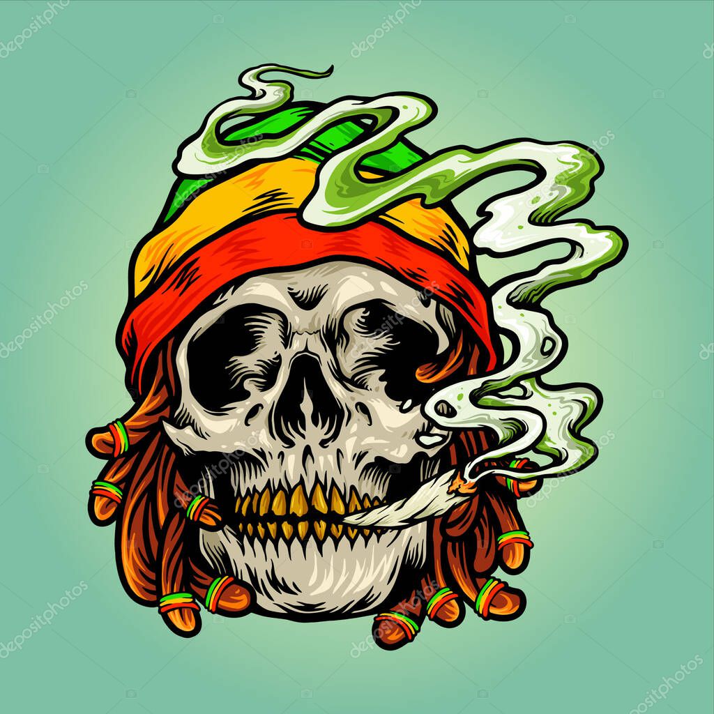 Weed Skull Smoke Cannabis Jamaican Hat Vector illustrations for your work Logo, mascot merchandise t-shirt, stickers and Label designs, poster, greeting cards advertising business company or brands.