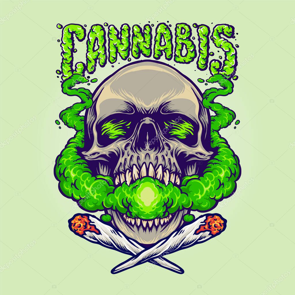 Skull Head Cannabis Clouds Smoking Marijuana Vector illustrations for your work Logo, mascot merchandise t-shirt, stickers and Label designs, poster, greeting cards advertising business company or brands.