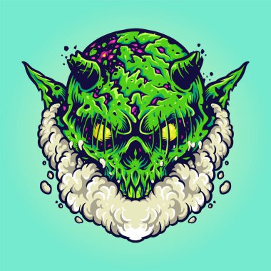 İş Logosu, maskot tişörtü, çıkartma ve etiket tasarımları, poster, tebrik kartı reklam şirketi veya markalar için Yeşil Canavar Vape Vloud Vector çizimleri.