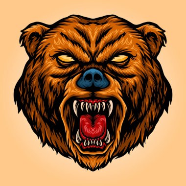 Kızgın Ayı Çizgi Filmi Maskotu. İş Logosu, maskot tişörtü, çıkartma ve etiket tasarımları için agresif vektör çizimleri. Poster, tebrik kartı reklam şirketi ya da markalar..