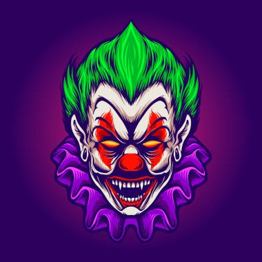Palyaço Başlı Joker Vampir Korku Vektörü Logosu, maskot tişörtü, çıkartma ve etiket tasarımları, poster, tebrik kartı reklam şirketi veya markalar için çizimler.