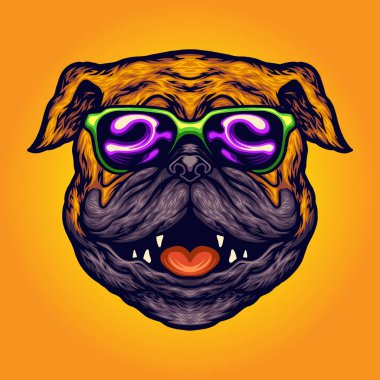 İş Logosu, maskot tişörtü, çıkartma ve etiket tasarımları, poster, tebrik kartı reklam şirketi veya markalar için Cool Pug Dog Yaz Güneş Gözlüğü Vektör ilüstrasyonları.