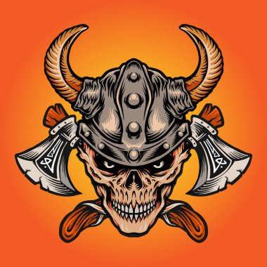 Viking İskandinav Savaşçısı Kafatası Baltası, Logo, maskot tişörtü, çıkartma ve etiket tasarımları, poster, tebrik kartı reklam şirketi veya markalar için Vektör çizimlerini izole etti.