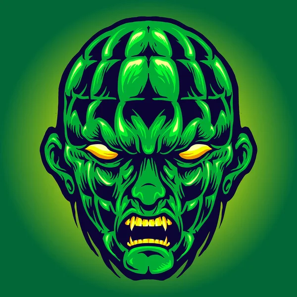 Green Head Angry Monster Halloween Vector Ilustraciones Para Trabajo Logotipo — Vector de stock