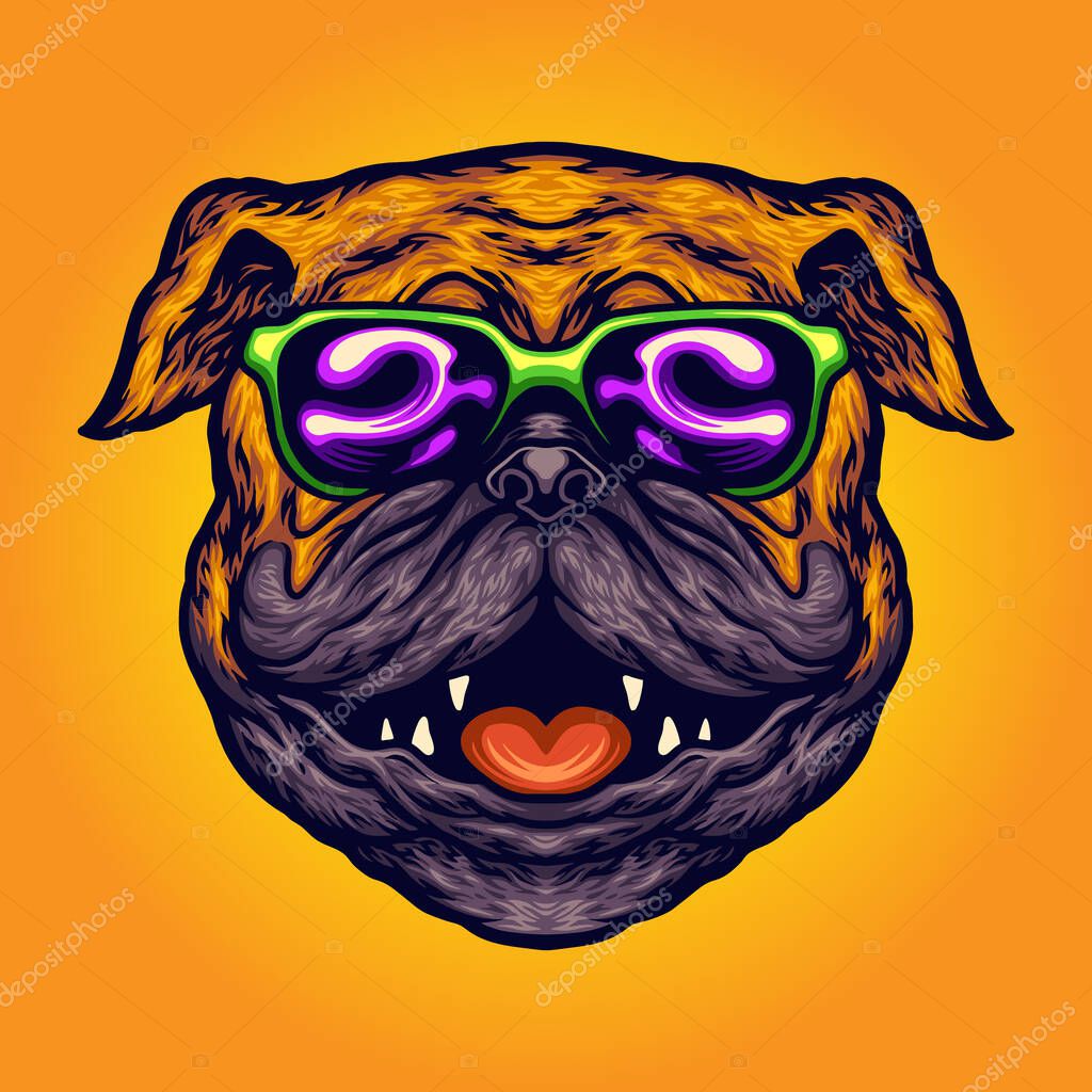 Cool Pug Dog Summer Sunglasses Cartoon Vector illustrations for your work Logo, mascot merchandise t-shirt, stickers and Label designs, poster, greeting cards advertising business company or brands.
