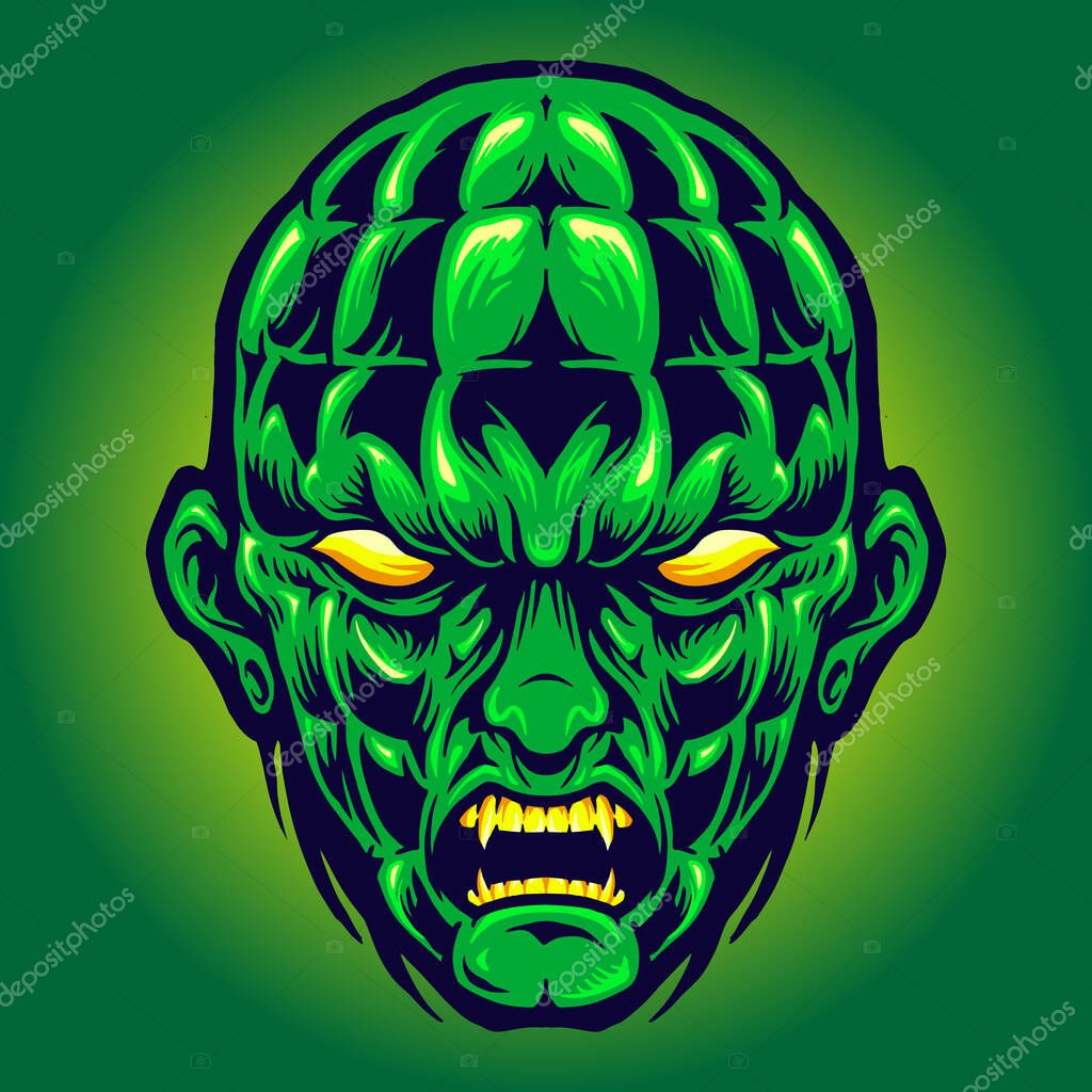 Green Head Angry Monster Halloween Vector illustrations for your work Logo, mascot merchandise t-shirt, stickers and Label designs, poster, greeting cards advertising business company or brands.