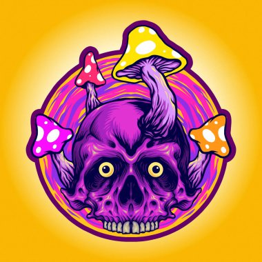 İş Logonuz için Psychedelic Skull Mantar Mantarı Trippy Çizim Vector illüstrasyonları, maskot tişörtü, çıkartmalar ve etiket tasarımları, poster, tebrik kartları reklam şirketi veya markalar.
