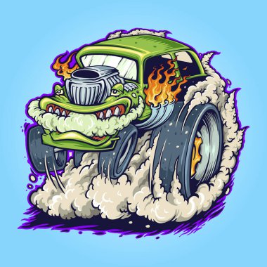 İş Logonuz için Hot Road Monster Vape Vector illüstrasyonları, maskot tişörtü, çıkartmalar ve etiket tasarımları, poster, tebrik kartları reklam şirketi veya markalar.