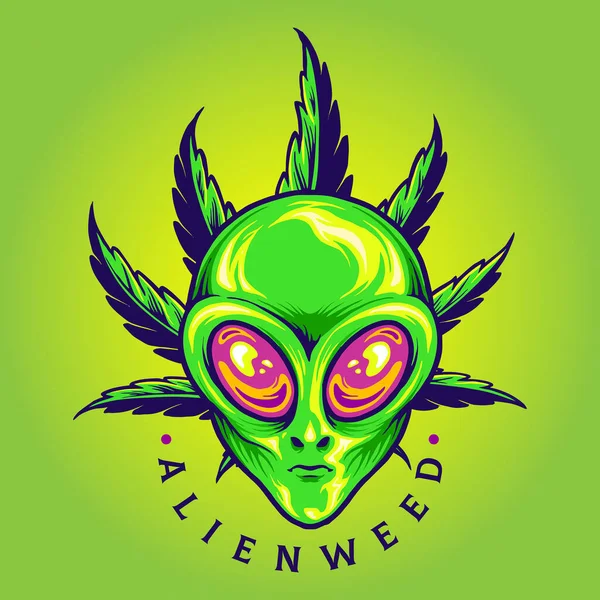 Alien Weed Cannabis Leaf Cartoon Vector Illustrationer För Ditt Arbete — Stock vektor