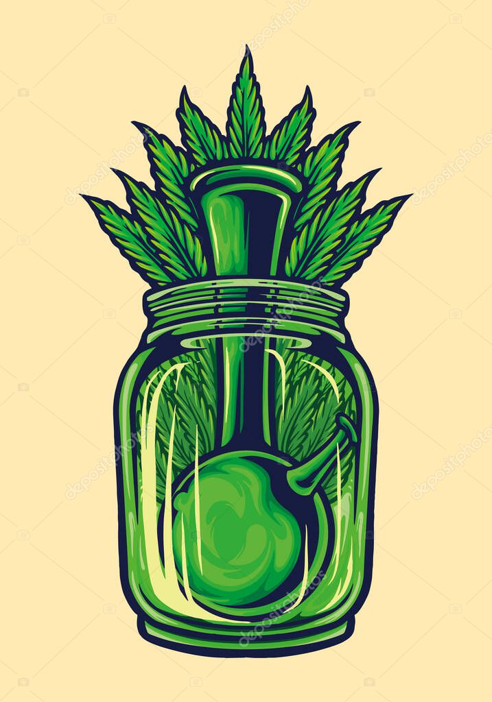 Bong Weed leaf Bottle Vector illustrations for your work Logo, mascot merchandise t-shirt, stickers and Label designs, poster, greeting cards advertising business company or brands.