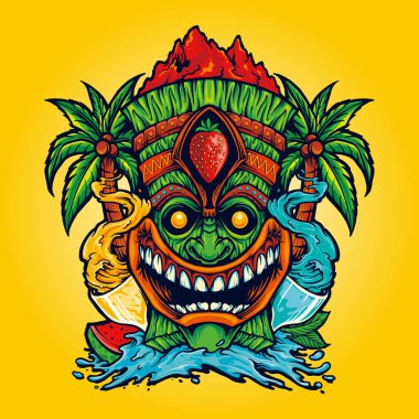 Tiki Tropikal Kokteyl İçkileri İş Logonuz için Klasik Vektör illüstrasyonları, maskot tişörtü, çıkartmalar ve etiket tasarımları, poster, tebrik kartları reklam şirketi veya markalar.