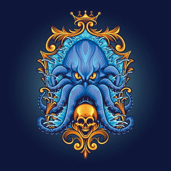 Blue Kraken Gold Frame Skull Vector Illustrations Your Work Logo — Stock Vector