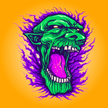 İş Logosu, maskot tişörtü, çıkartma ve etiket tasarımları, poster, tebrik kartı reklam şirketi veya markalar için Yeşil Baş Zombi Çirkin Cadılar Bayramı Vektör çizimleri.
