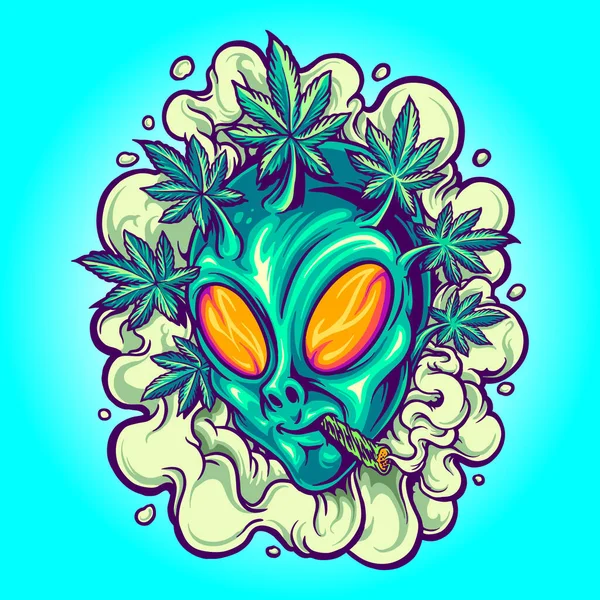 Alien Head Weed Plants Hair Smoke Vector Illustrations Your Work — Stock Vector