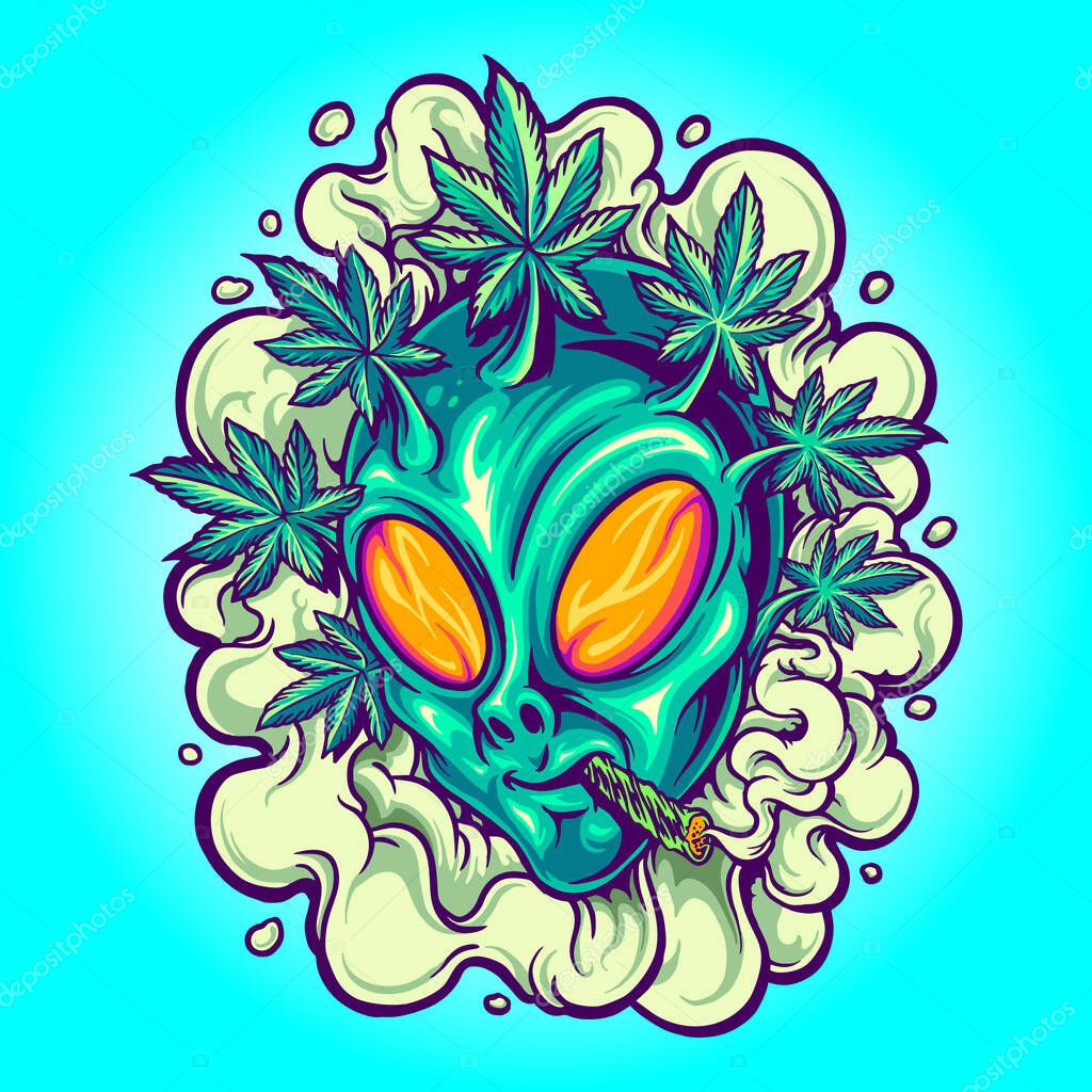 Alien Head Weed PLants Hair Smoke Vector illustrations for your work Logo, mascot merchandise t-shirt, stickers and Label designs, poster, greeting cards advertising business company or brands.