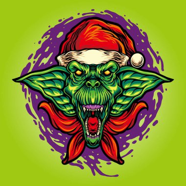 İş Logosu, maskot tişörtü, çıkartma ve etiket tasarımları, poster, tebrik kartları reklam şirketi veya markalar için korkunç Cin Noel Şapka Vektörü çizimleri.