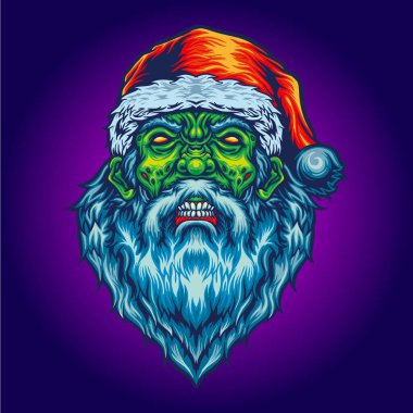 Korkunç Noel Baba Şeytani Zombi Noel Şapkası Logosu, maskot tişörtü, çıkartma ve etiket tasarımları, poster, tebrik kartı reklam şirketi veya markalar için çizimler.