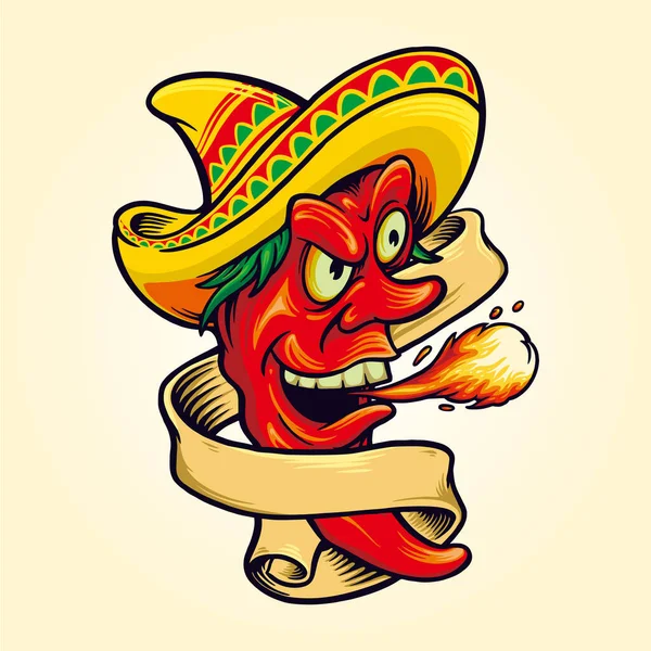 Sabor Chile Rojo Con Sombrero Sombrero Mexicano Ilustraciones Vectoriales Para — Vector de stock