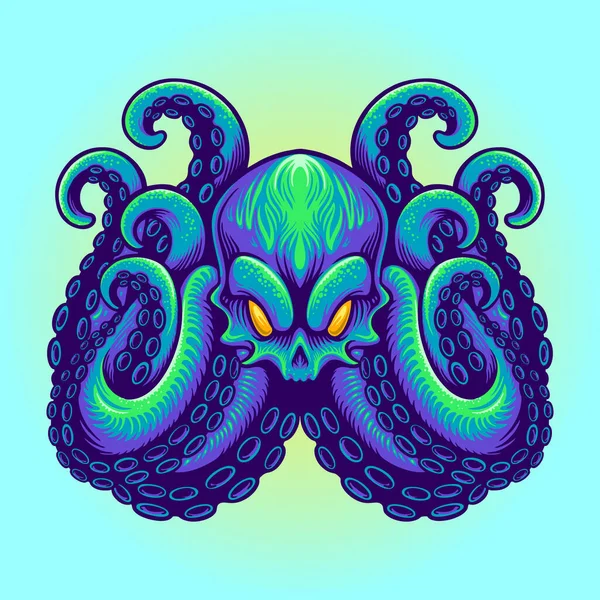 Angry Kraken Mascota Azul Pulpo Logo Mascota Vector Ilustraciones Para — Vector de stock