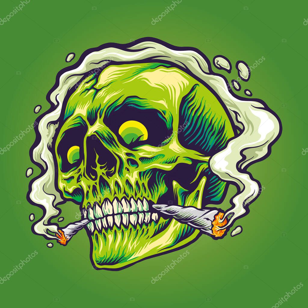 Green skull smoking a marijuana Vector illustrations for your work Logo, mascot merchandise t-shirt, stickers and Label designs, poster, greeting cards advertising business company or brands.