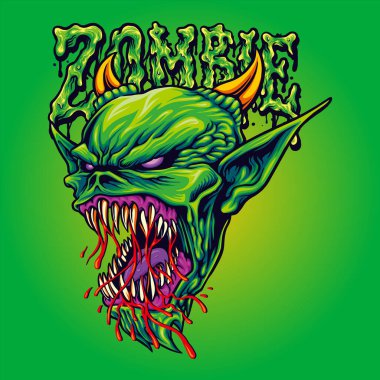 Korkunç yeşil kafalı zombi. İş Logonuz için kan taşıyıcı illüstrasyonları, maskot tişörtü, çıkartmalar ve etiket tasarımları, poster, tebrik kartları reklam şirketi ya da markalar için.