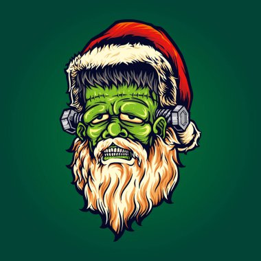 İş Logosu, maskot tişörtü, çıkartma ve etiket tasarımları, poster, tebrik kartı reklam şirketi veya markalar için korkutucu Santa Frankenstein Cadılar Bayramı Vektörü çizimleri..