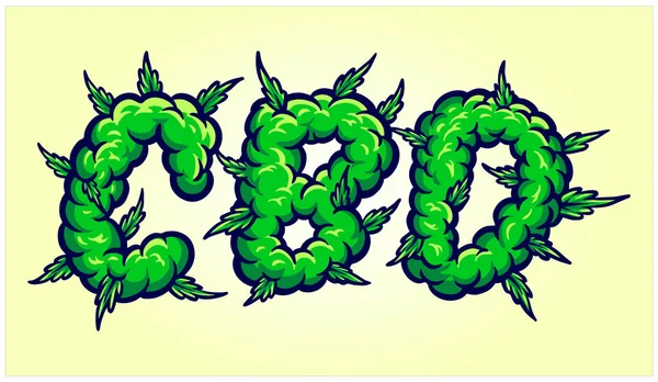 Lettering Parole Cannabidiolo Con Illustrazioni Vettoriali Ornate Fumo Erba Tuo — Vettoriale Stock