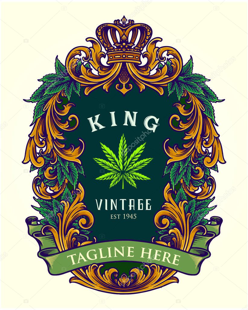 Luxury classic crown frame with weed leaf vector illustrations for your work logo, merchandise t-shirt, stickers and label designs, poster, greeting cards advertising business company or brands