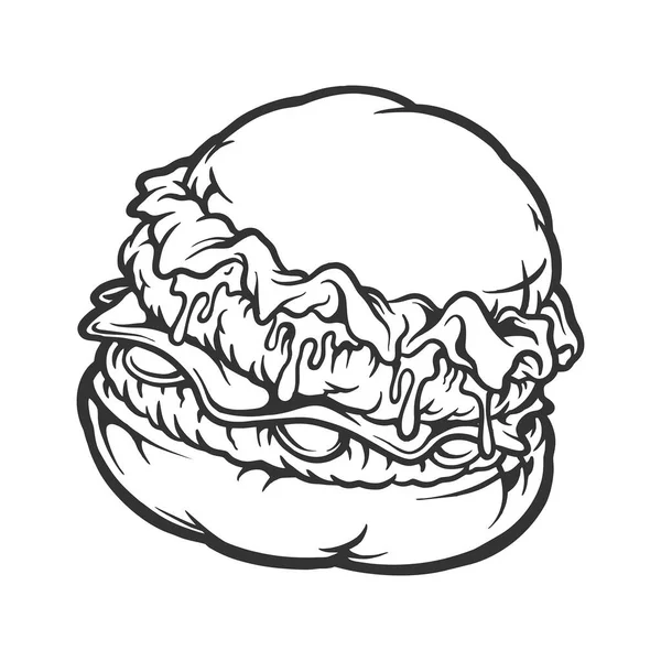 Deliziose Illustrazioni Vettoriali Monocromatiche Dei Cartoni Animati Fast Food Hamburger — Vettoriale Stock