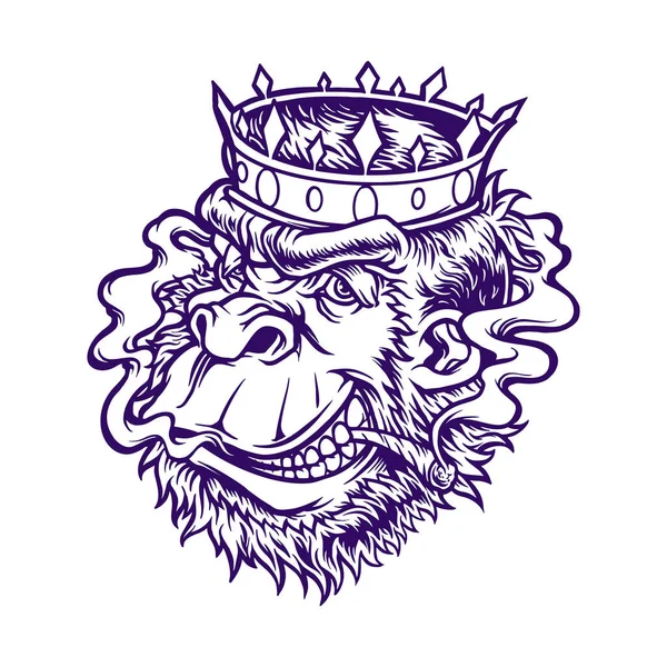 Корона Горила Димками Канабісу Монохромні Векторні Ілюстрації Вашого Логотипу Роботи — стоковий вектор