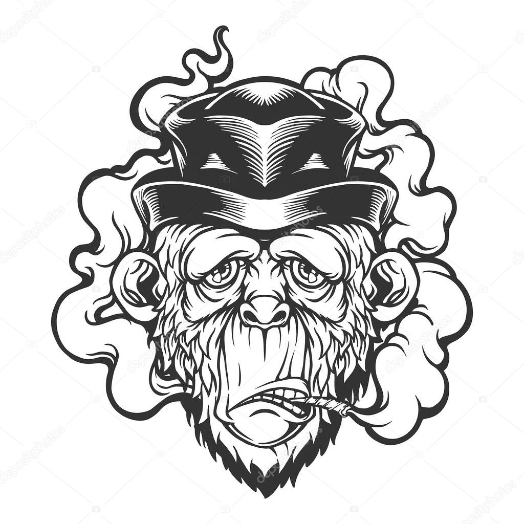 Cute monkey in black hat smoking weed monochrome vector illustrations for your work logo, merchandise t-shirt, stickers and label designs, poster, greeting cards advertising business company or brands