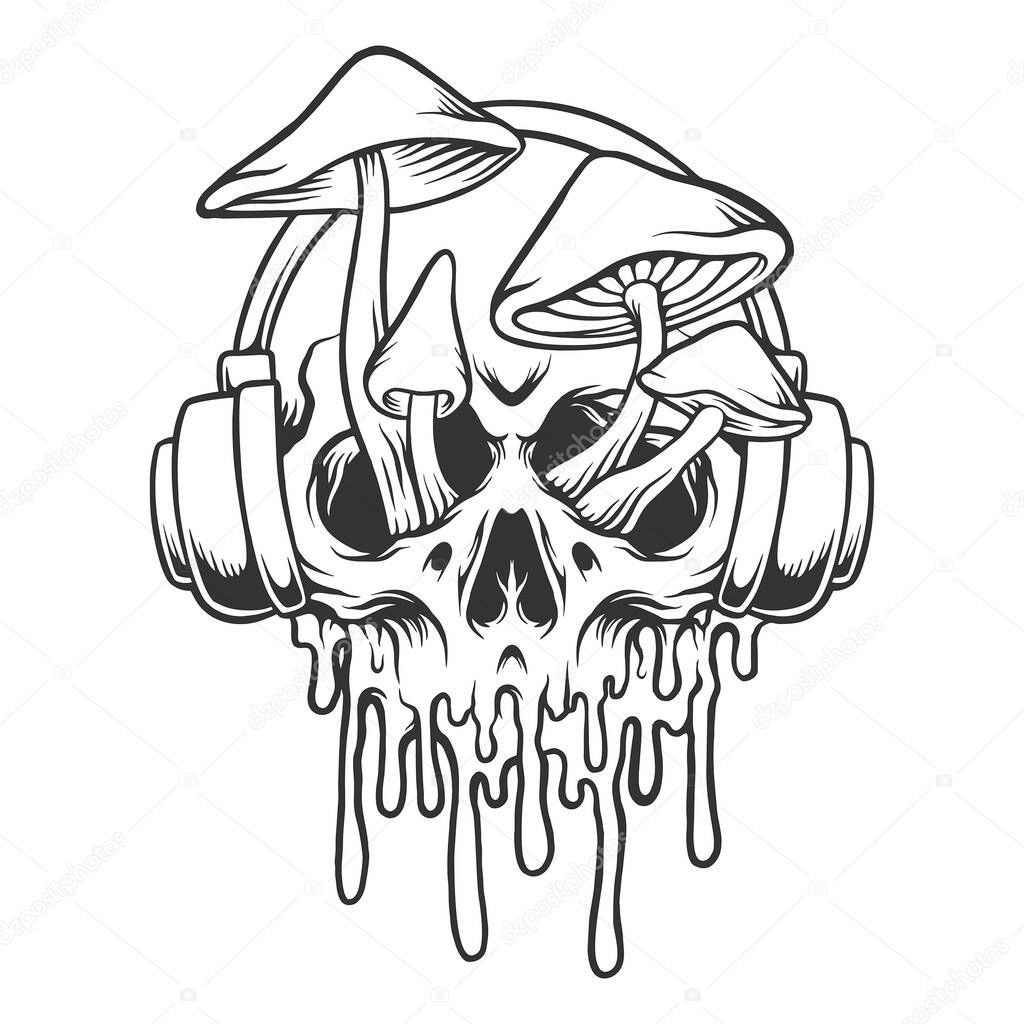 Funky psychedelic skull mushroom monochrome vector illustrations for your work logo, merchandise t-shirt, stickers and label designs, poster, greeting cards advertising business company or brands