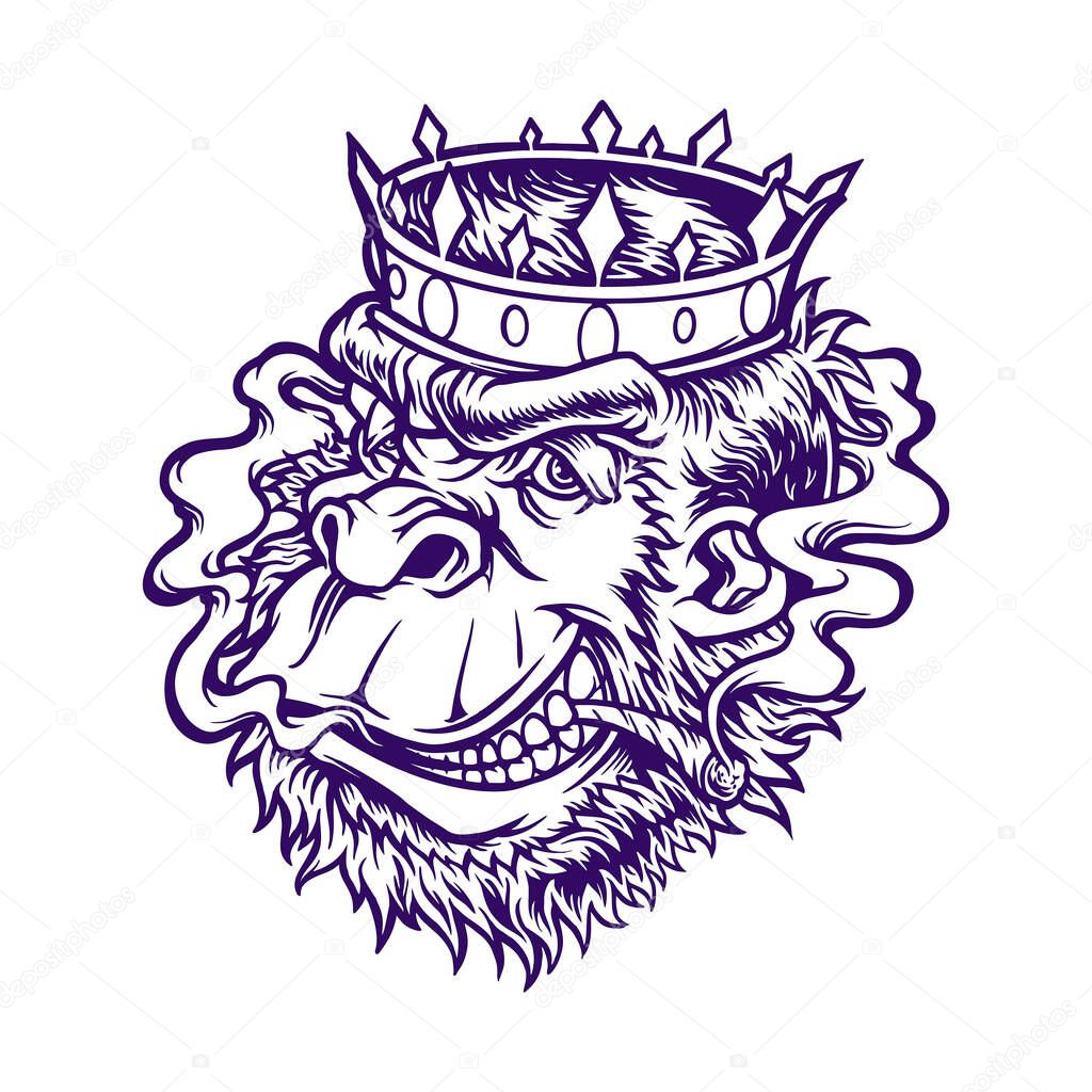Crowned gorilla with smokes cannabis monochrome vector illustrations for your work logo, merchandise t-shirt, stickers and label designs, poster, greeting cards advertising business company or brands