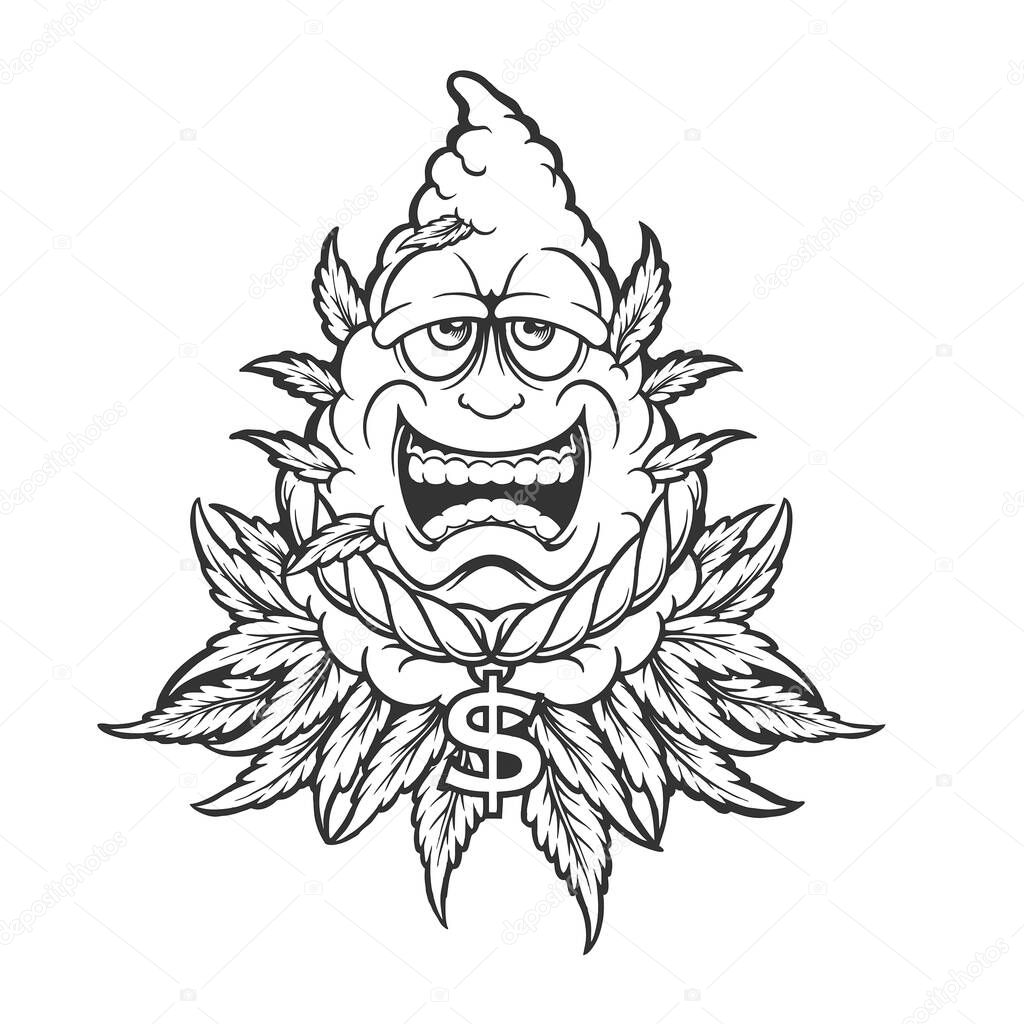 Funky weed leaf with cash money monochrome vector illustrations for your work logo, merchandise t-shirt, stickers and label designs, poster, greeting cards advertising business company or brands