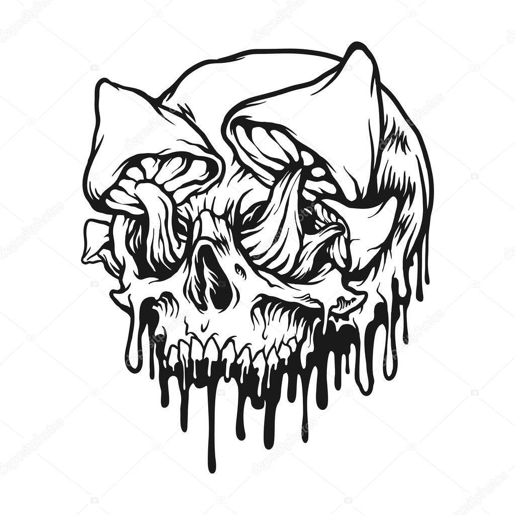 Scary skull mushrooms melted colorful monochrome vector illustrations for your work logo, merchandise t-shirt, stickers and label designs, poster, greeting cards advertising business company or brands