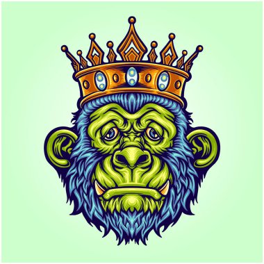 İş logosu, ticari tişört, çıkartma ve etiket tasarımları, poster, tebrik kartı reklam şirketi ya da markalar için kral taç çizimleri olan zombi gorili.