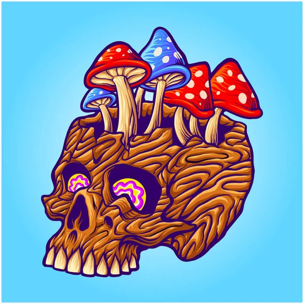 Crânio Madeira Com Cogumelos Ilustrações Vetoriais Coloridas Para Seu Logotipo —  Vetores de Stock