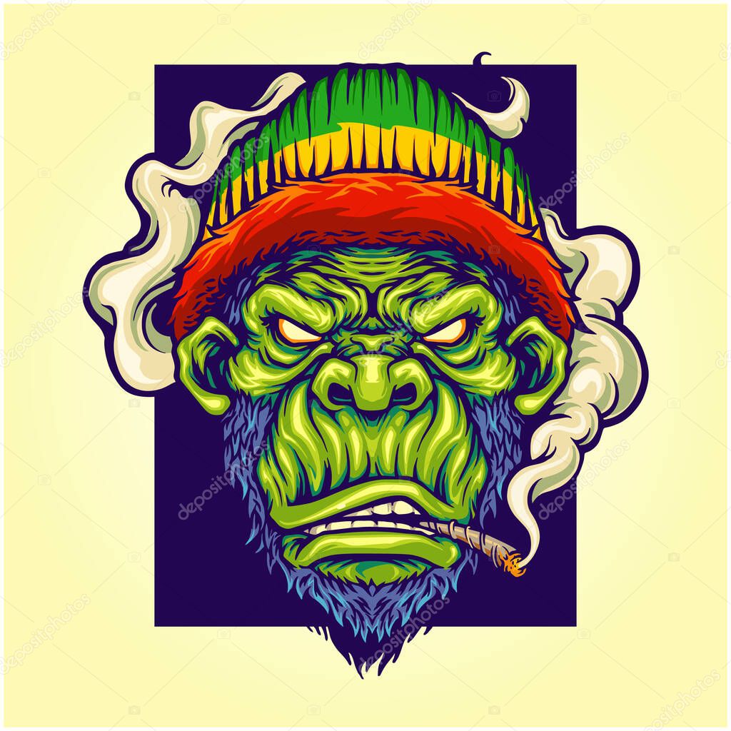 Gorilla rastafarian with smoking cannabis vector illustrations for your work logo, merchandise t-shirt, stickers and label designs, poster, greeting cards advertising business company or brands