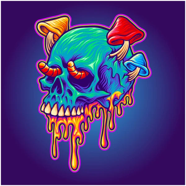Cogumelos Psicodélicos Crânio Derreteram Ilustrações Vetoriais Coloridas Para Seu Logotipo — Vetor de Stock