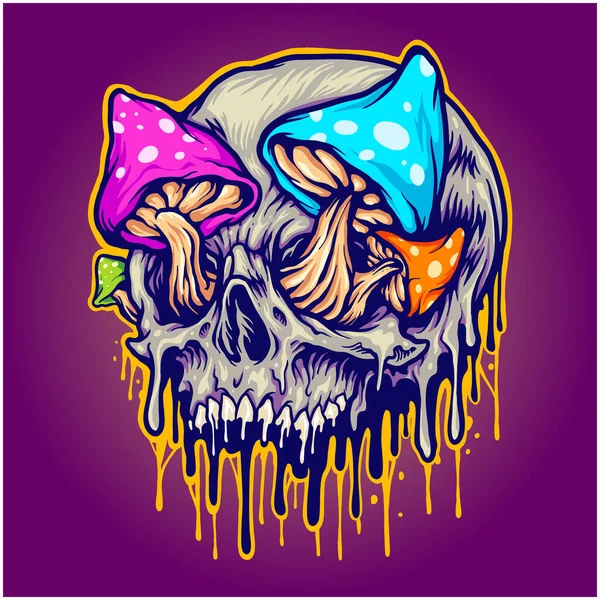 Scary Skull Mushrooms Melted Colorful Vector Illustrations Your Work Logo — Stockvektor