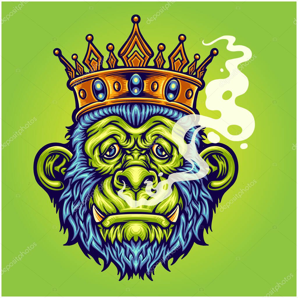 King gorilla with smoking weed vector illustrations for your work logo, merchandise t-shirt, stickers and label designs, poster, greeting cards advertising business company or brands